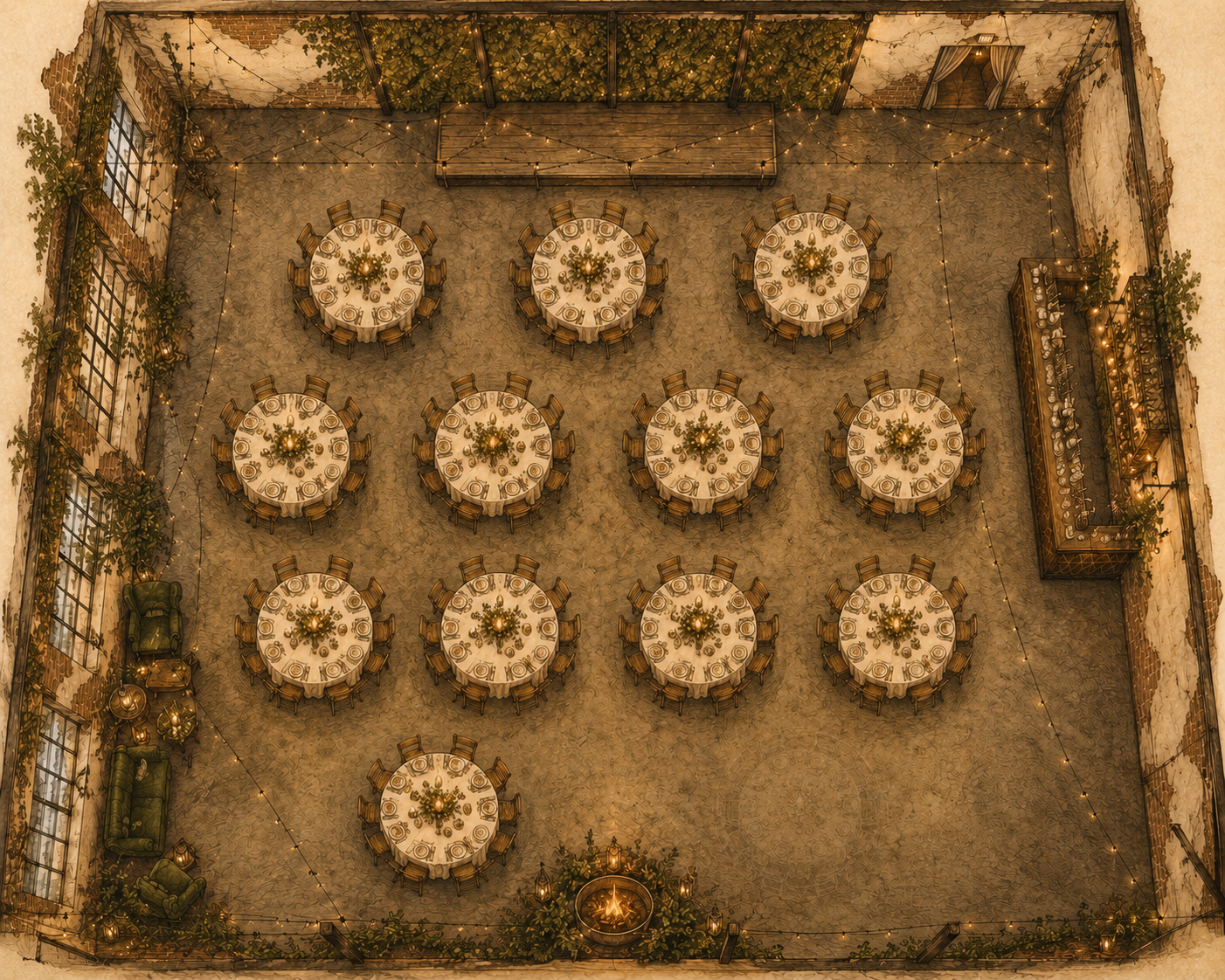 The Edison Room from above — twelve round tables